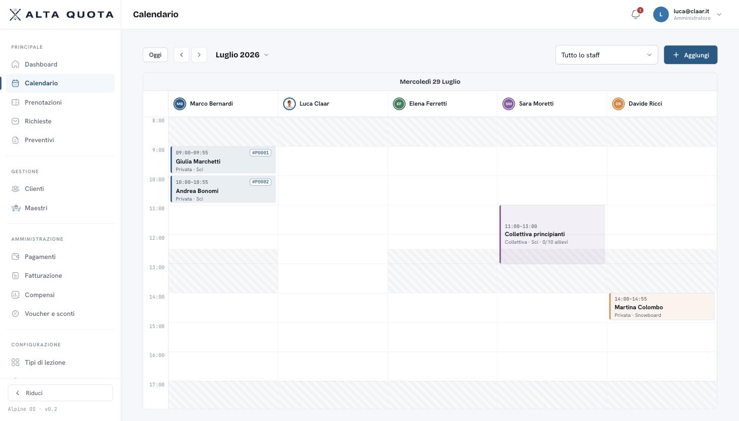 Calendario del gestionale Alta Quota con dati dimostrativi